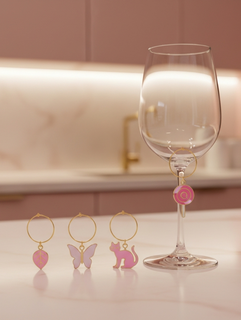 Pink Gold Wine Charms Set - Handcrafted - Cat Lollipop Leaf Butterfly